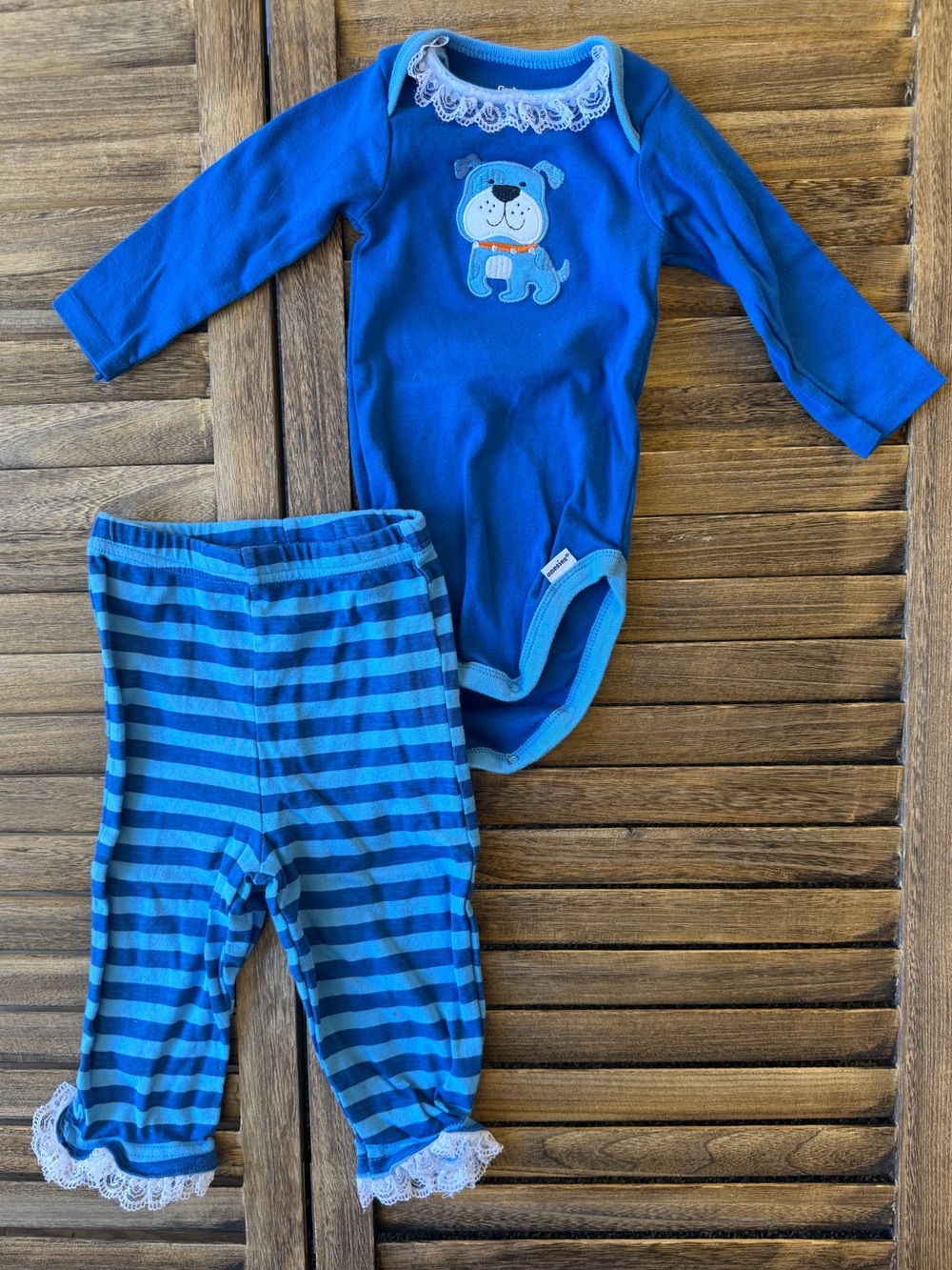 Gerber Blue Bulldog Long-Sleeve Bodysuit Striped Blue Lace Pants 12 Months Set